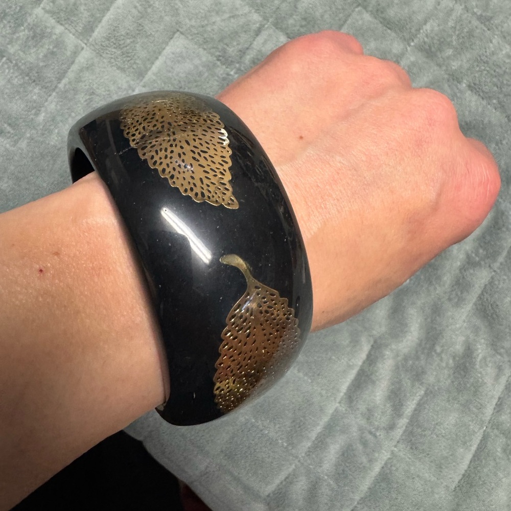 Vintage Acrylic Plastic Bangle Bracelet, Black Gold Filigree Leaves, Retro, Boho
